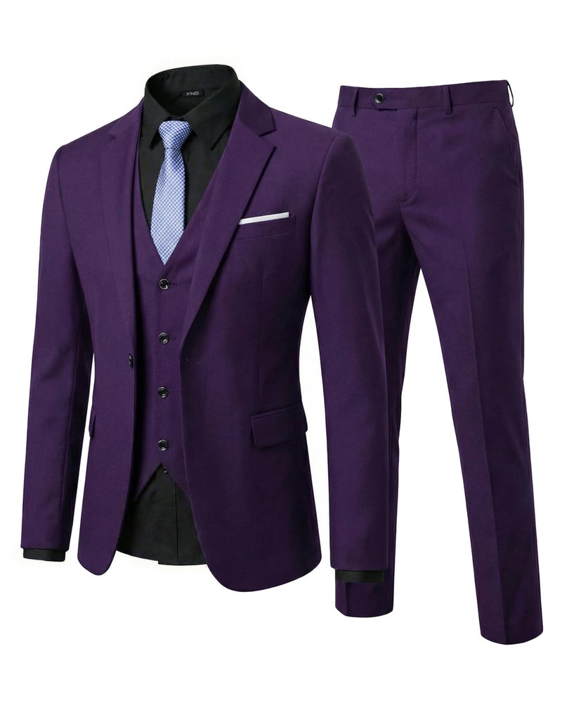 YND Men's Slim Fit 3 Piece Suit Set, One Button Solid Blazer Vest Pants with Tie, for Wedding Party Proms and Business, Deep Purple - Image 1